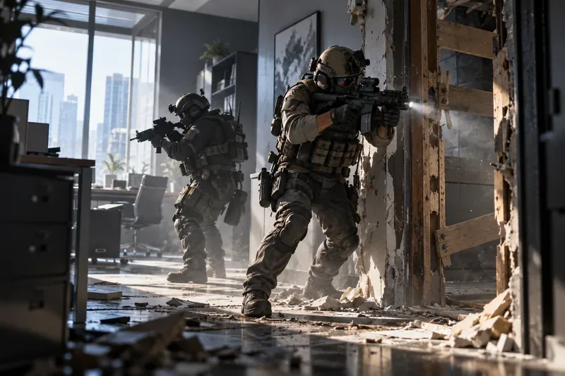Two tactical operators breach a damaged doorway in a modern office interior