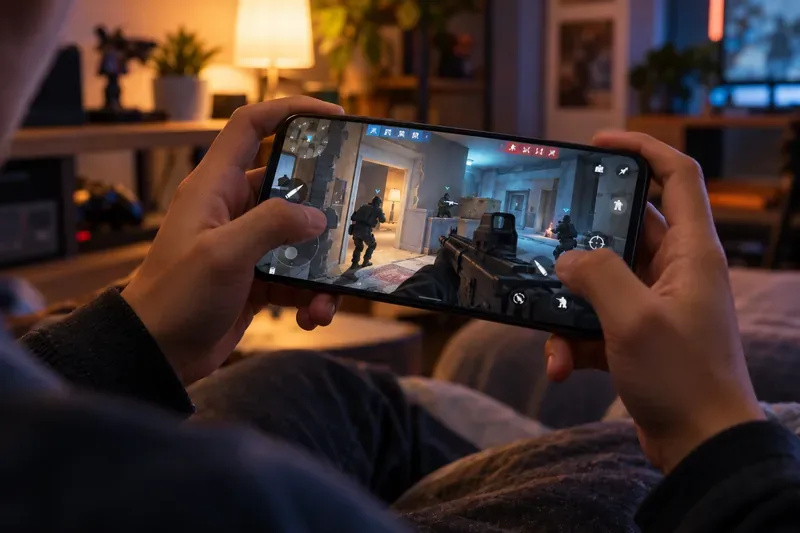 A player holds a smartphone in landscape orientation with a tactical team shooter on screen