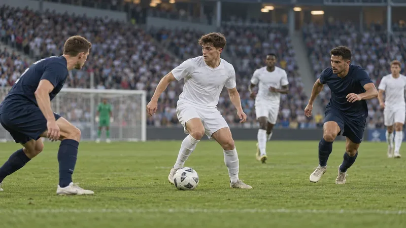 A midfielder in a white kit shields the ball while two opponents close in