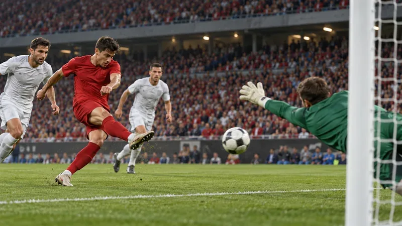 A striker in a plain red kit shoots toward goal as a goalkeeper dives to make the save