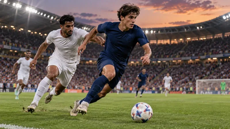 A young forward in a plain dark kit accelerates past a defender with the ball at his feet