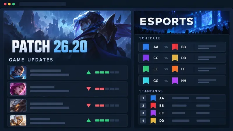 Illustrative layout pairing a Patch 26.20 update panel with a separate esports schedule and standings panel.