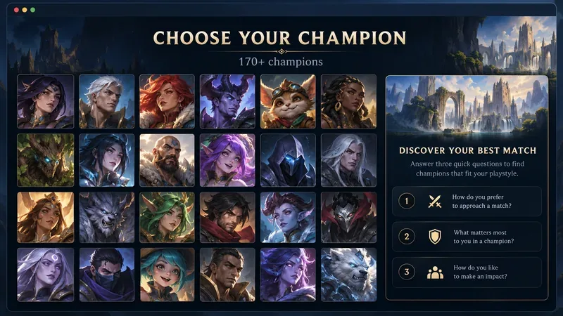 Illustrative champion directory with a roster of 170-plus portraits and a three-question champion finder.