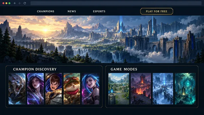 Illustrative browser layout showing the League of Legends homepage with champion discovery and game-mode panels.