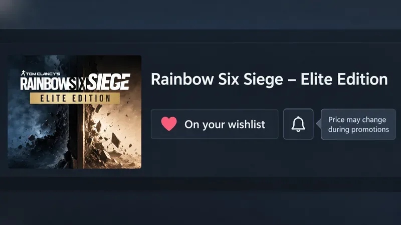 Wishlist panel for the Rainbow Six Siege Elite Edition with a heart icon and promotion notification bell