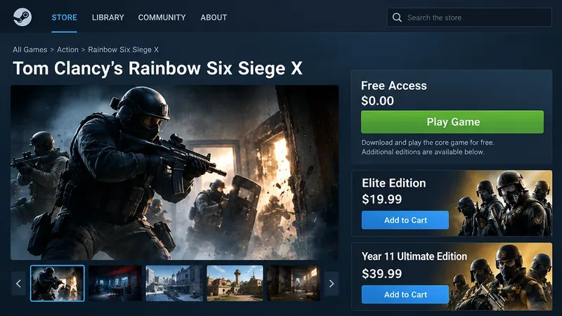 Store-style display with a free Play Game option beside $19.99 Elite and $39.99 Ultimate Rainbow Six Siege offers