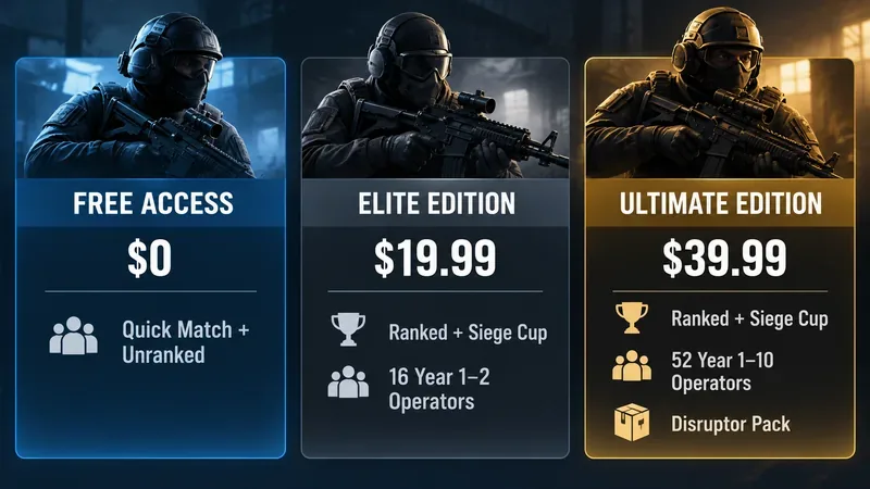 Comparison of Rainbow Six Siege Free Access, Elite Edition, and Ultimate Edition with operator counts and competitive access