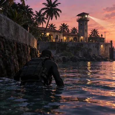 Um jogador solitário caminha em direção a um complexo numa ilha tropical ao entardecer, ilustrando uma abordagem furtiva para Cayo Perico.