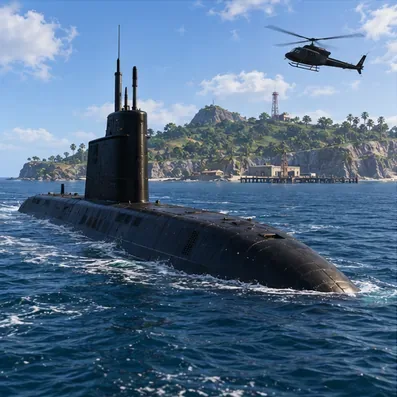 Um submarino preto navega ao largo de uma ilha tropical, representando o Kosatka usado para lançar Cayo Perico.