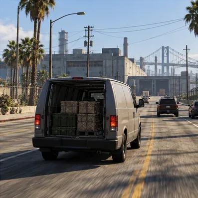 Uma van de entregas carregando caixas lacradas dirige-se para um galpão industrial, ilustrando uma venda de empresa no GTA Online.