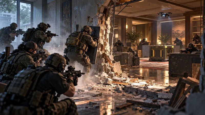 Fictional attackers breaching a damaged wall as defenders hold positions across a fortified interior
