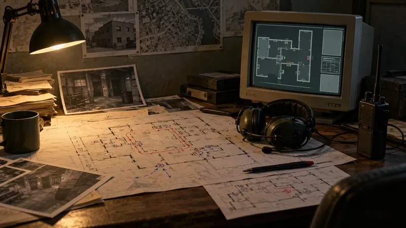 A retro mission-planning desk with marked floor plans, a CRT map display, a headset, and a radio