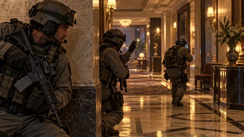 A fictional tactical squad moving through a polished hotel corridor while using the wall for cover