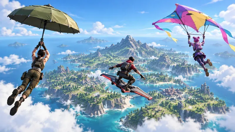 Three players descend over an island using an umbrella canopy, a compact board, and a colorful kite-style glider.
