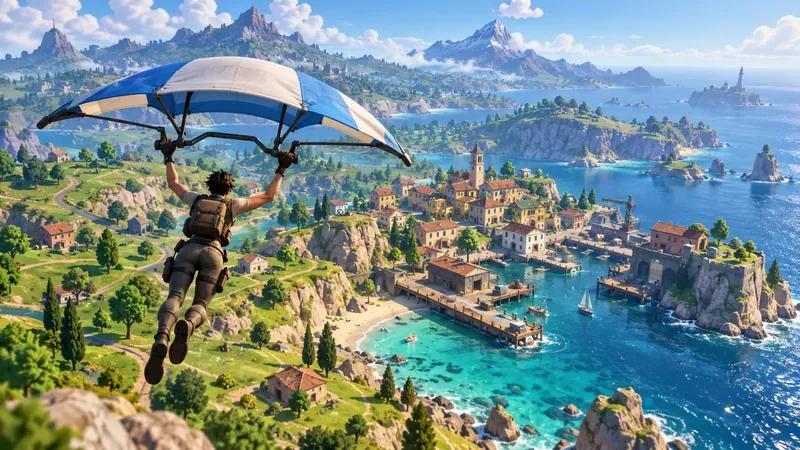 A player descending beneath a blue-and-white glider toward a coastal settlement on a battle royale island.