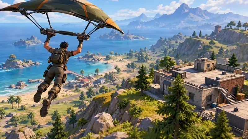 A player glides from low coastal terrain toward a rooftop on higher ground.