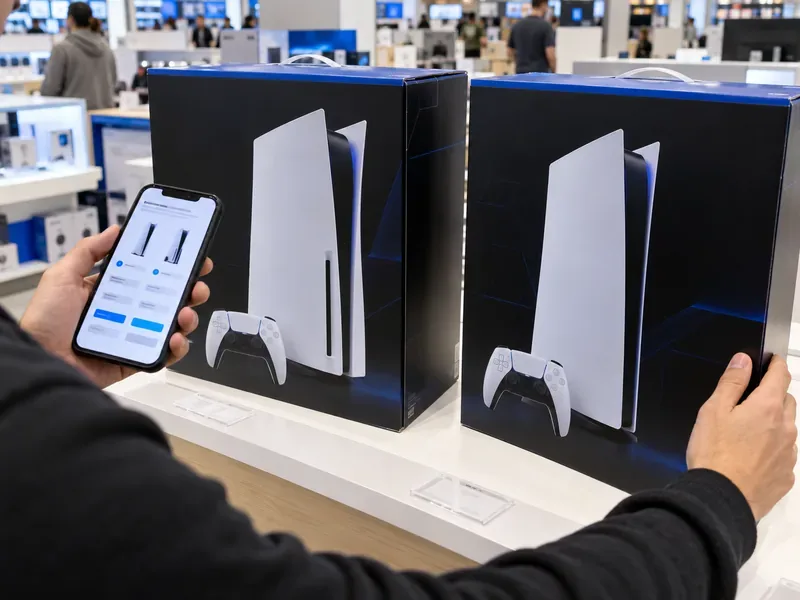 A shopper comparing two PS5 console boxes and checking a price list in an electronics store