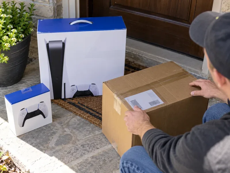 A buyer inspecting a delivered PS5 shipping carton beside the console packaging