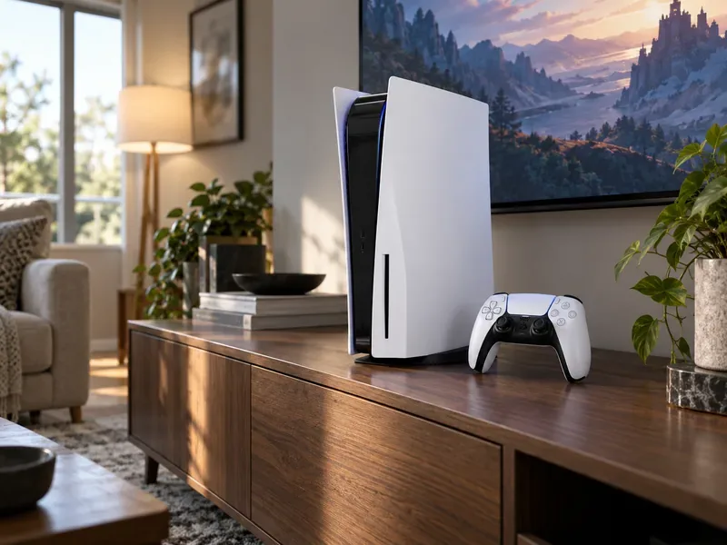 A white PlayStation 5 console and DualSense controller on a living room media console