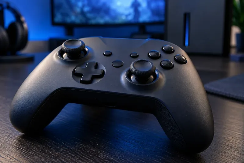 A black wireless game controller on a dark desk, with both analog thumbsticks in focus.