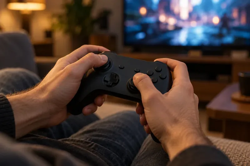 A player holds a black wireless controller with both thumbs positioned on the analog sticks during a game.