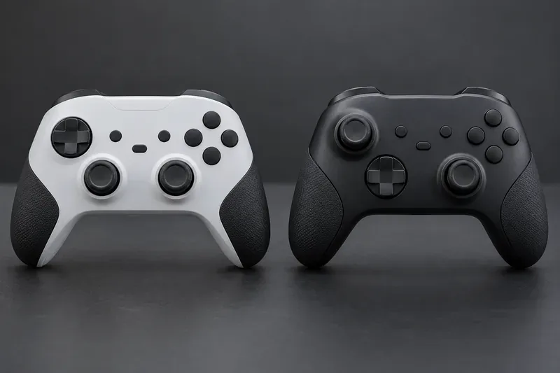 Two unbranded game controllers side by side: one has symmetrical thumbsticks and the other has an offset layout.