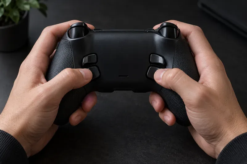 Rear view of an unbranded controller showing four remappable buttons beneath the player’s fingers