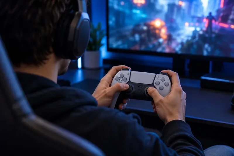 A player holds a symmetrical console controller at a competitive gaming desk