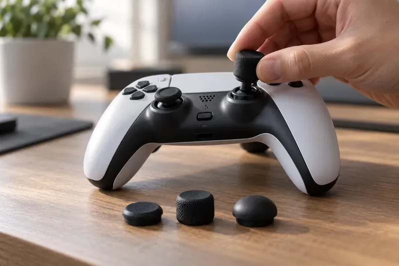 A hand tries a taller thumbstick cap beside alternate caps