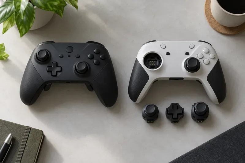 Two unbranded controller layouts with interchangeable-looking stick and D-pad parts
