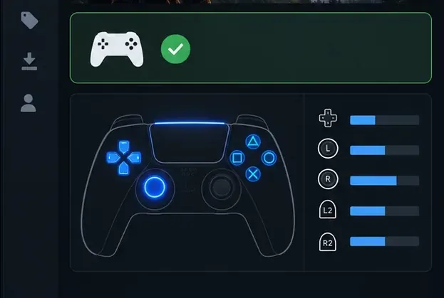 A gamepad support indicator above a controller diagram with several button inputs visibly registering.