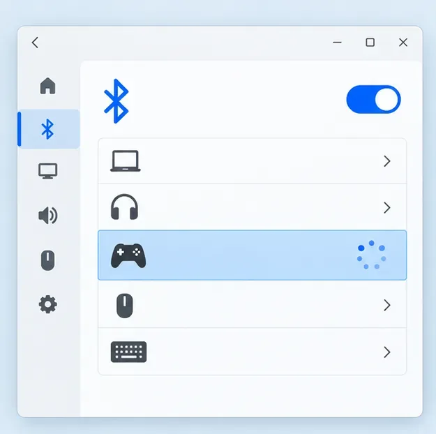 A Windows-style Bluetooth settings panel with the game controller category selected during pairing.