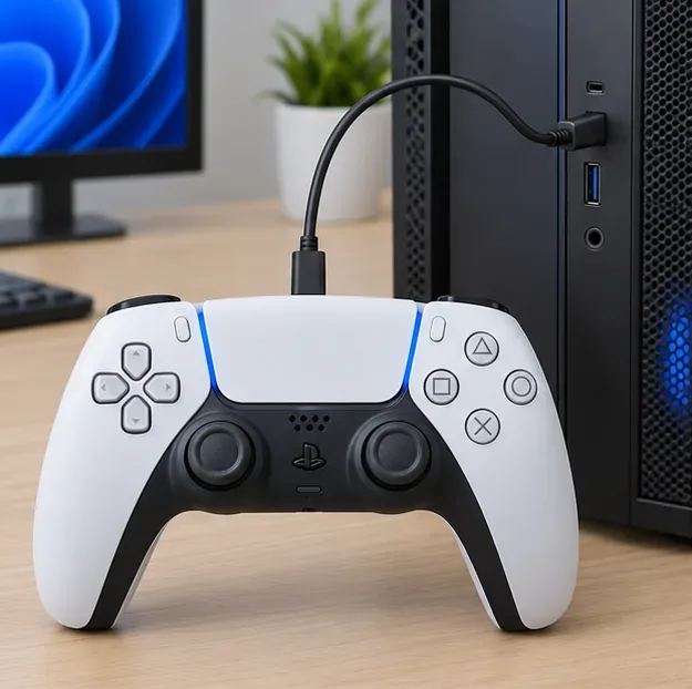 A white DualSense controller connected to a desktop PC with a USB-C cable.