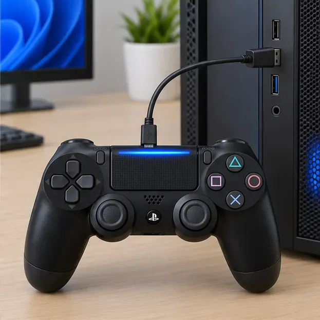 A black DualShock 4 controller connected to a desktop PC with a Micro-USB cable.