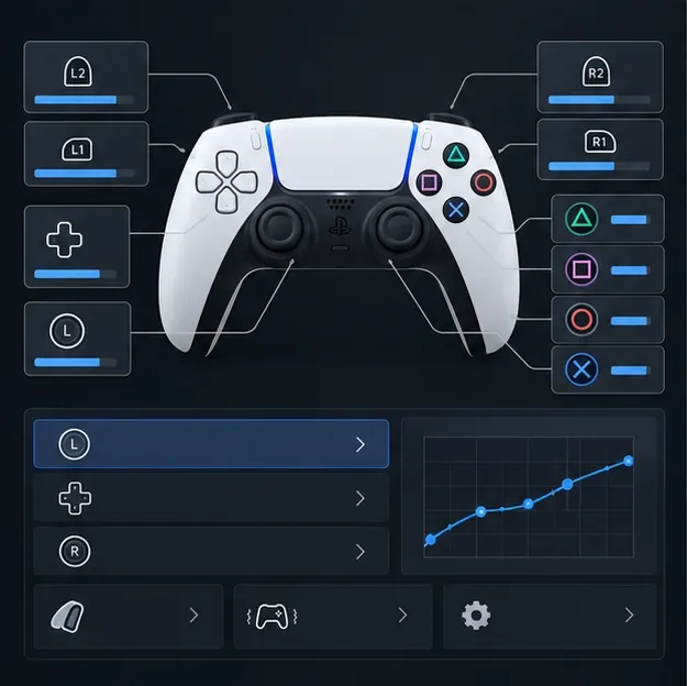 A Steam-style controller layout editor with a DualSense diagram, button mappings, and stick settings.