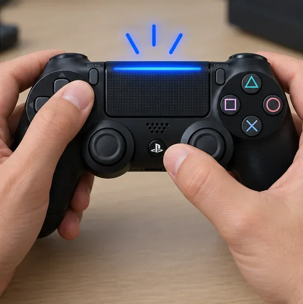 Hands holding Share and PS on a DualShock 4 controller while its light bar flashes for Bluetooth pairing.