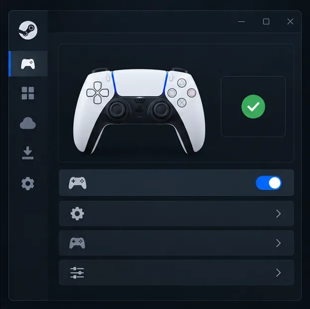 A Steam-style dark controller settings panel showing a DualSense detected and a controller support toggle enabled.