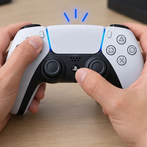 Hands holding Create and PS on a DualSense controller while its light bar flashes for Bluetooth pairing.