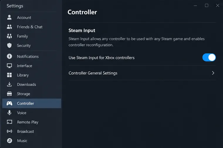 หน้าการตั้งค่า Steam Controller แสดงตัวเลือก Steam Input สำหรับคอนโทรลเลอร์ Xbox