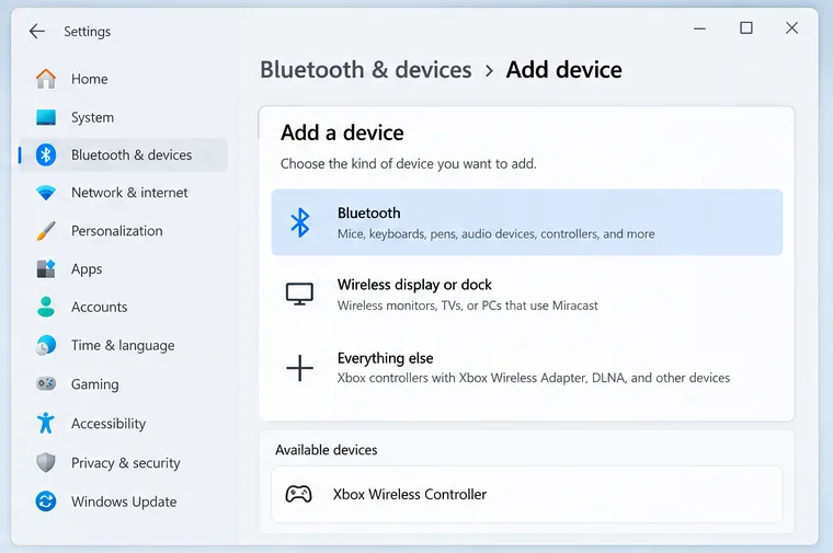 หน้าต่าง Bluetooth และอุปกรณ์ของ Windows 11 โดยเลือก Bluetooth ไว้ และแสดงรายการ Xbox Wireless Controller