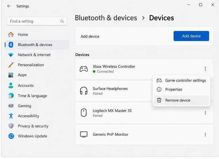รายการอุปกรณ์บลูทูธใน Windows 11 พร้อมคอนโทรลเลอร์ไร้สาย Xbox เปิดเมนูตัวเลือกเพิ่มเติมเพื่อลบอุปกรณ์