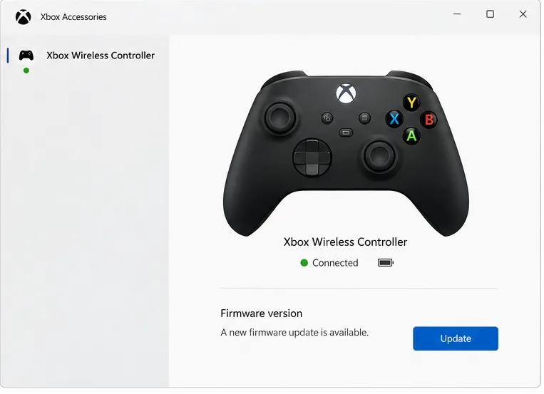 หน้าต่างแอป Xbox Accessories แสดงภาพคอนโทรลเลอร์ไร้สาย Xbox และการดำเนินการอัปเดตเฟิร์มแวร์