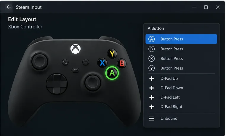 โปรแกรมแก้ไขเค้าโครงปุ่มควบคุม Steam Input โดยใช้คอนโทรลเลอร์ Xbox และเลือกปุ่ม A สำหรับการแมปใหม่