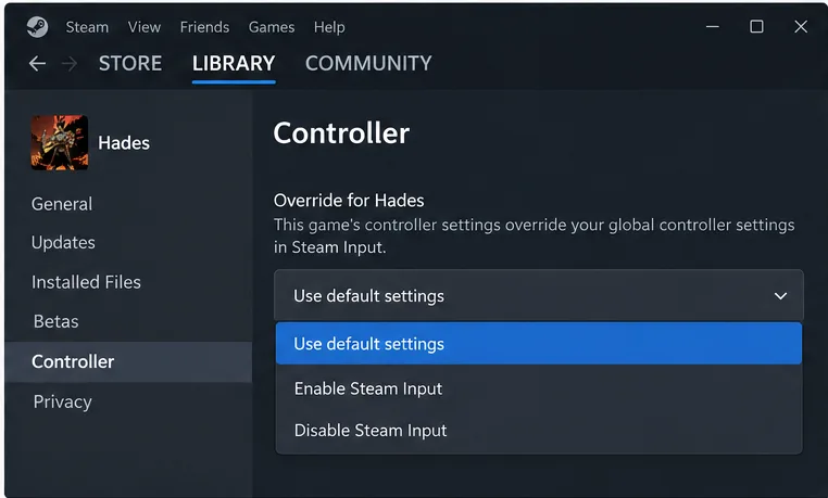 การตั้งค่าคอนโทรลเลอร์เกม Steam พร้อมตัวเลือก ใช้การตั้งค่าเริ่มต้น เปิดใช้งาน Steam Input และปิดใช้งาน Steam Input