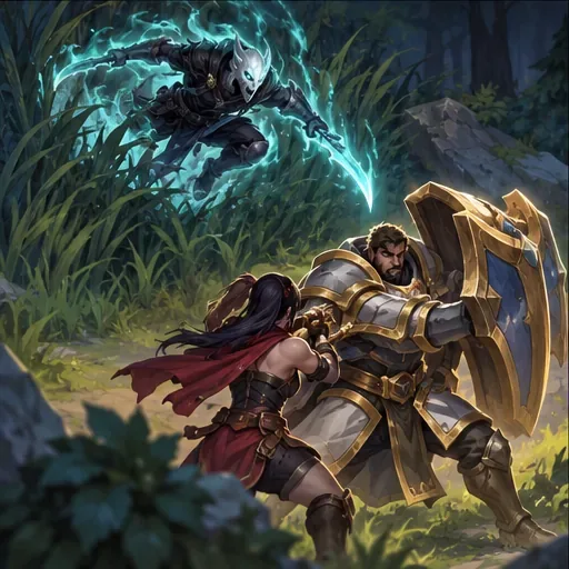 A spectral hunter leaps from brush toward a marksman standing beside a heavily armored ally.