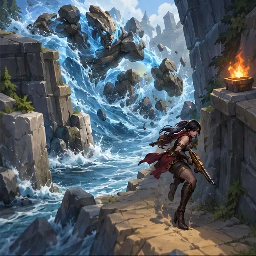 A terrain-wielding assassin sends a burst of magic along a narrow stone corridor toward a marksman.