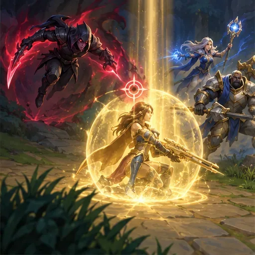 A shadow assassin dives toward a marksman protected by a glowing defensive shield while allies move in.