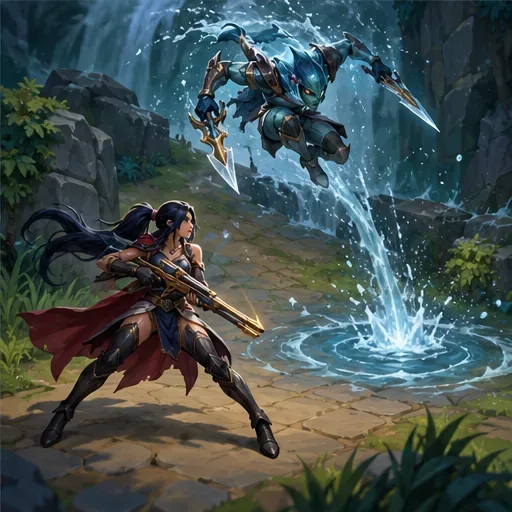 A trident-wielding diver lands beside a marksman as a wave of water splashes across the lane.