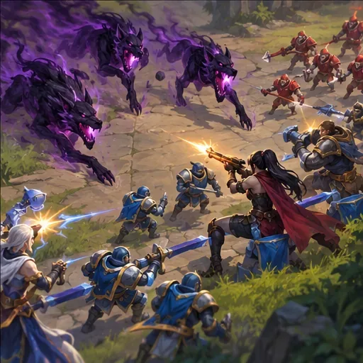 A pack of dark hounds charges down a lane toward a marksman protected by allied minions and teammates.