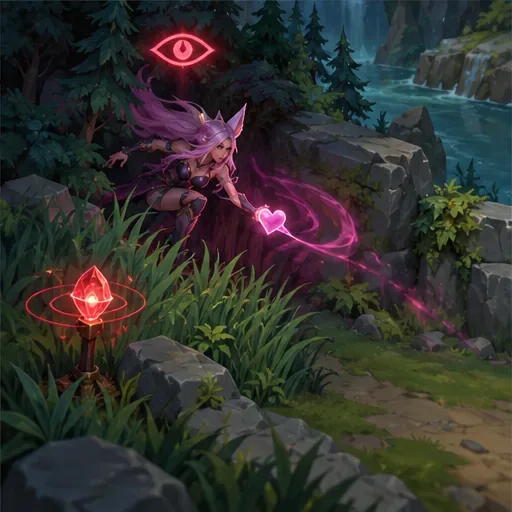 A camouflaged charm-wielding assassin advances through a jungle path beside a glowing ward.